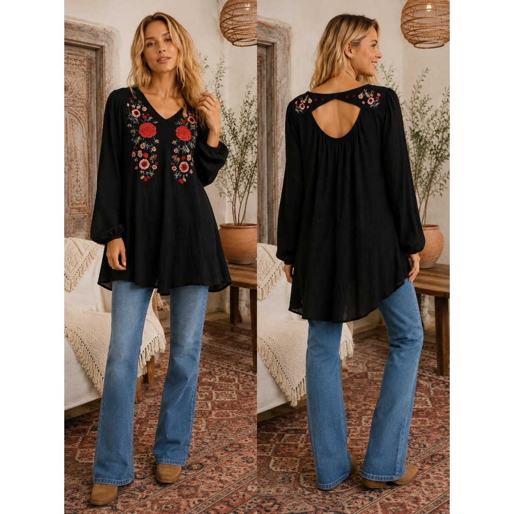 Umgee Boho Whimsigoth Folk Flowy Floral Embroidered Cutout Tunic Dress